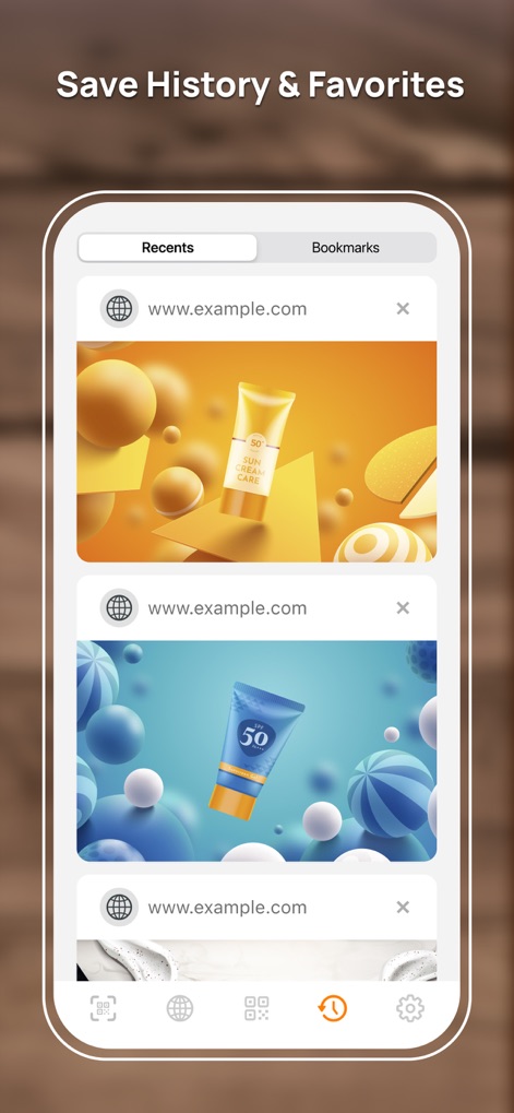 قارئ الباركود - Barcode reader - Los usuarios pueden organizar sus escaneos con las pestañas "Recents" para el historial de actividad y "Bookmarks" para guardar enlaces importantes, visualizando miniaturas de las páginas web visitadas.