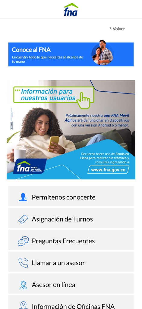 FNA Móvil Ágil - L'app presenta una sezione "Conoce al FNA" che offre agli utenti diverse opzioni per interagire, inclusi "Permítenos conocerte" e la possibilità di "Llamar a un asesor" per supporto diretto.