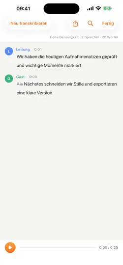 Screenshot von Audio-Transkriptionseditor auf dem iPhone 3