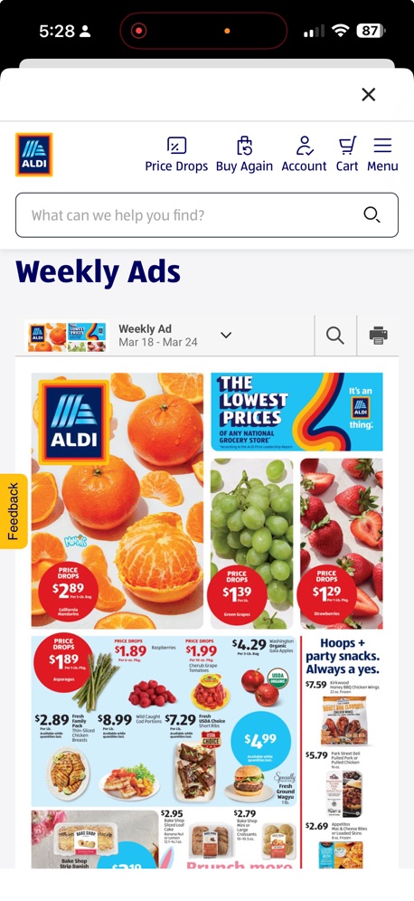 ALDI Grocery Pickup & Delivery App Store screenshot 4, headline “Weekly Ads”. Headline on one line.