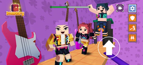 Prison Survival: Police Escape - カラフルなキャラクターたちが、ギターやベースが置かれた音楽楽器の背景の中で、障害物を乗り越えようとしています。