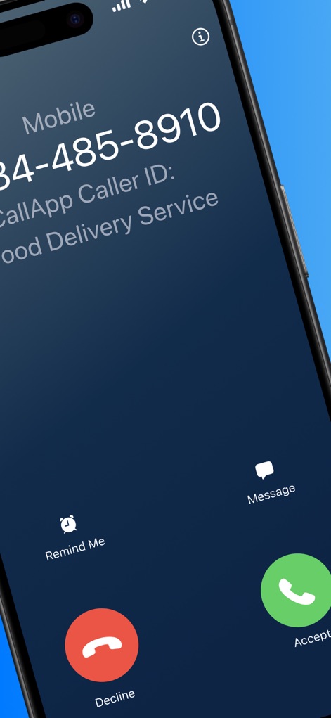 CallApp - La aplicación identifica claramente llamadas importantes, como el "Food Delivery Service" asociado al número de teléfono, ofreciendo al usuario opciones prácticas como "Remind Me" o "Message" directamente desde la interfaz de llamada.