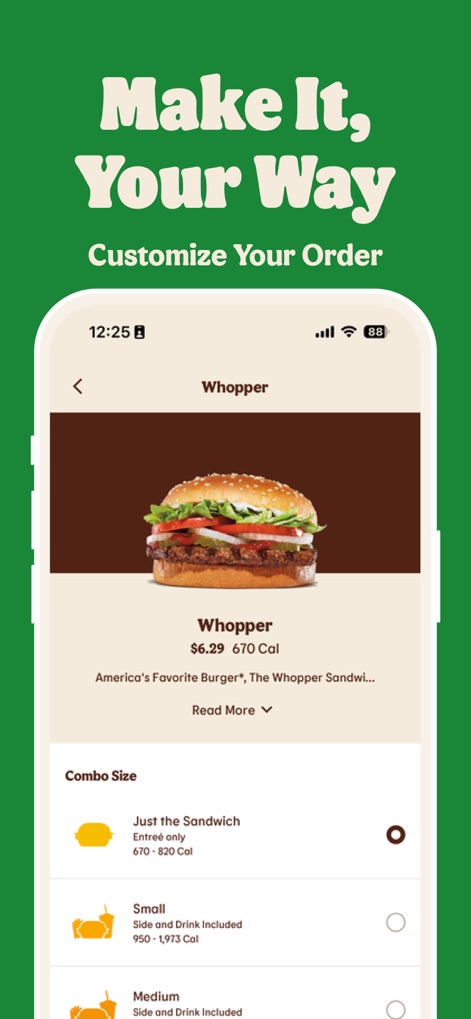 BURGER KING® App - この画面では、ユーザーはワッパーの詳細な価格やカロリー情報を確認し、コンボサイズの多様なオプションから好みに合わせて注文をカスタマイズできます。