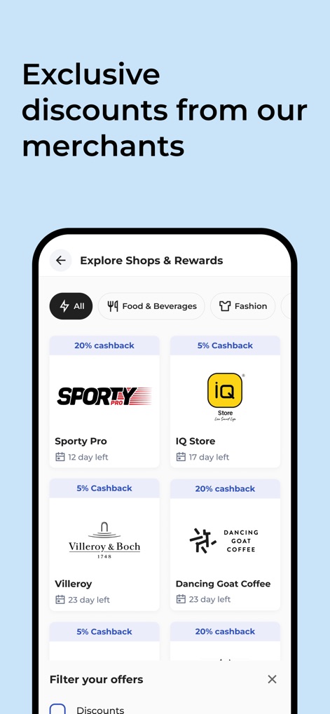 Money Fellows: Online Circles - Users can explore exclusive discounts and cashback offers from numerous merchants, categorized by "Food & Beverages" and "Fashion," enhancing the value of their spending.