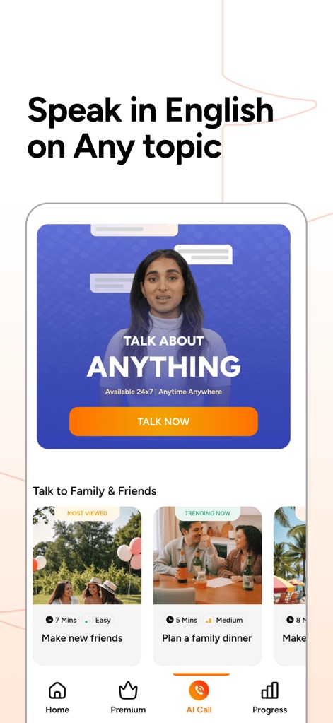 SpeakX: English Speaking App - Users can initiate discussions on various subjects with the prominent 'Talk About Anything' prompt and choose from a selection of curated conversation topics to suit their interests.