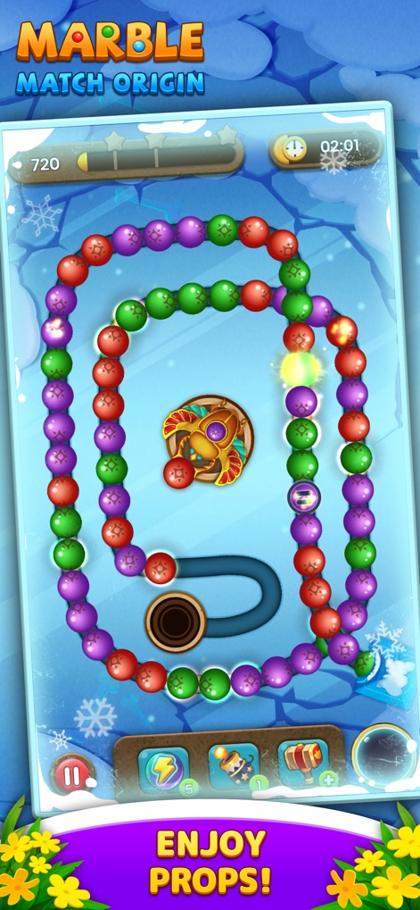 Marble Match Origin - Immerse yourself in a winter wonderland setting, where the marble chain challenge is accompanied by a visible timer, adding urgency to each level.