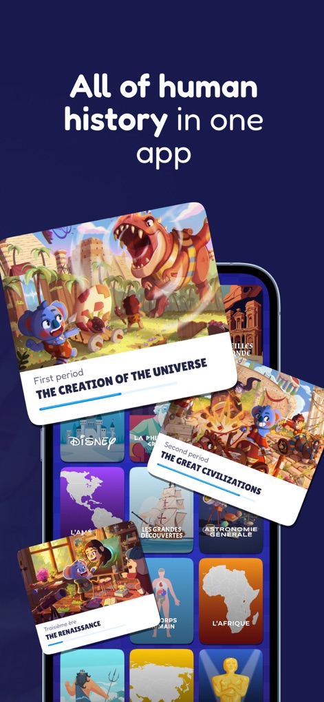 Sapio – General Knowledge - L'app offre un'ampia gamma di schede tematiche, tra cui "THE CREATION OF THE UNIVERSE", supportate da illustrazioni vivaci e mappe geografiche per un apprendimento immersivo.