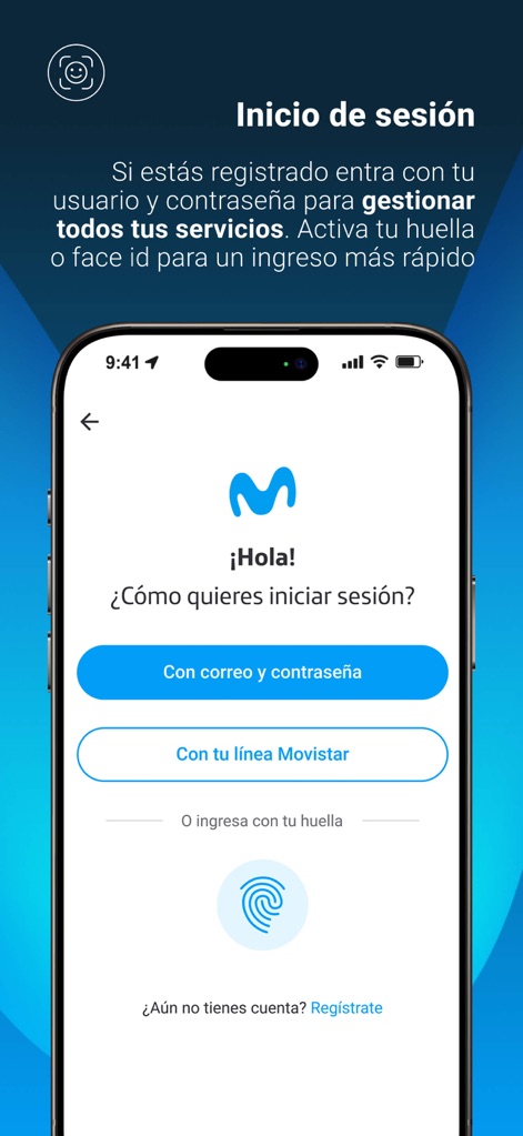 Mi Movistar Colombia - このログイン画面では、メールとパスワード、またはMovistar回線によるログイン選択肢が提供され、利便性の高い指紋認証機能も利用できます。