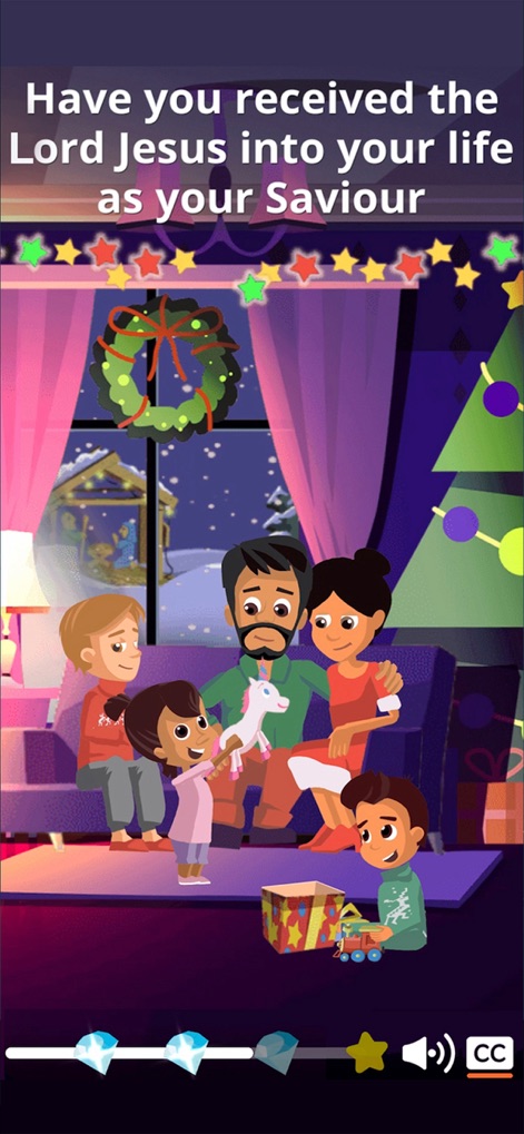 SunScool - Bible for Kids - Cette capture d'écran met en lumière l'ambiance chaleureuse et la représentation familiale de l'application, invitant à la réflexion spirituelle dans un cadre domestique et accueillant.