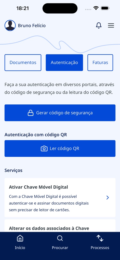 gov.pt - The app provides multiple authentication methods, including options to 'Gerar código de segurança' and the quick activation of the 'Chave Móvel Digital'.