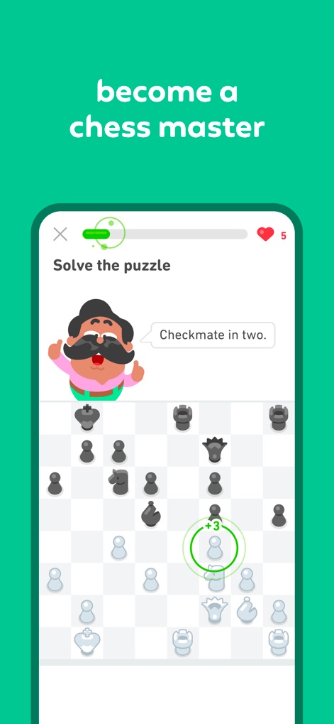 Duolingo: Language & Chess - Sharpen chess tactics with engaging, interactive chess board puzzles and clear puzzle prompts like 'Checkmate in two'.
