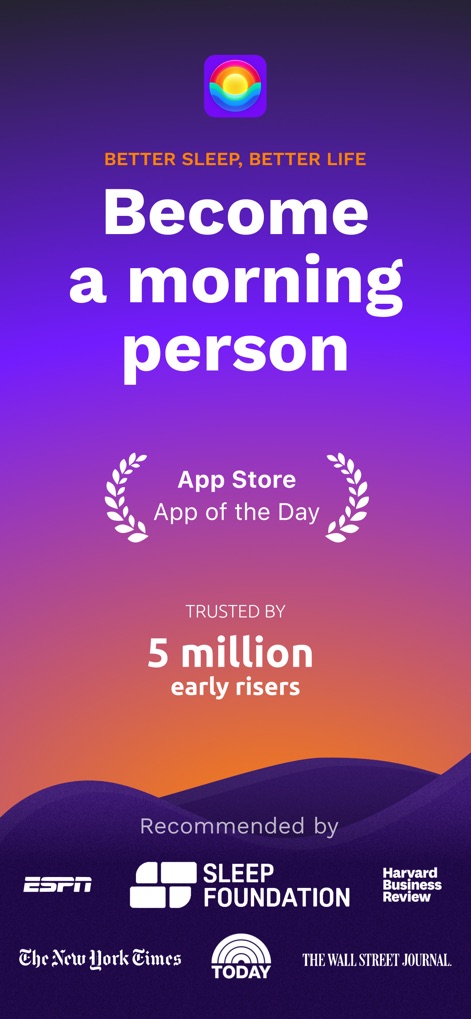 RISE: Sleep Tracker - Discover the app's 'App Store App of the Day' award and widespread adoption by '5 million early risers'.