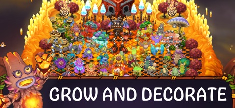 My Singing Monsters - 多数のモンスターと、炎のキャンドルや豪華な装飾品で彩られた島が描かれ、プレイヤーが自由にカスタマイズできる広大な可能性を示しています。