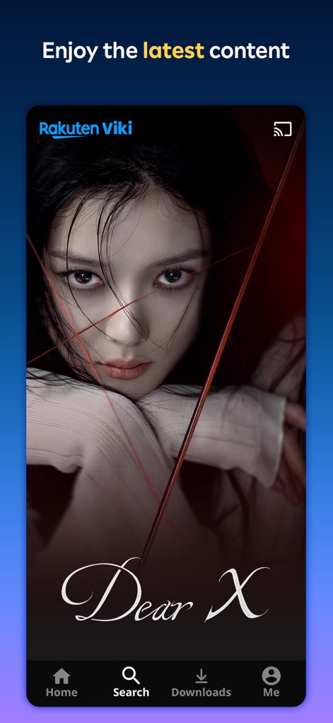 Viki: Asian Dramas, Movies, TV - La aplicación presenta contenido reciente con un poster a pantalla completa para "Dear X", destacando la interfaz minimalista para una experiencia visual envolvente.