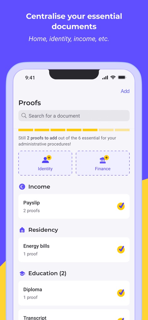 Digiposte: secure storage - Users can efficiently manage documents in the "Proofs" section, clearly categorizing them under sections like "Identity" and "Finance" for easy access.