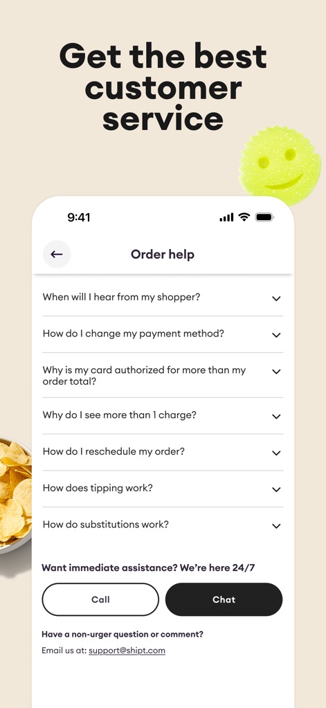 Shipt: Order Grocery Delivery - Die App bietet einen umfassenden Kundenservice mit einer FAQ-Sektion für häufige Fragen und vielfältigen Kontaktmöglichkeiten, wie den Buttons zum Anrufen oder Chatten für sofortige Hilfe zeigen.