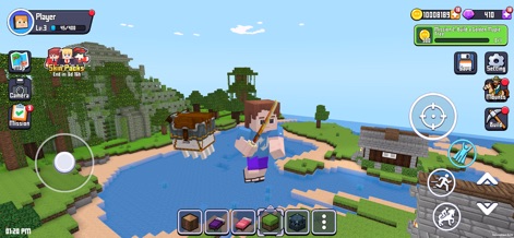 Craft Explore: Block Builder - Observe the intuitive on-screen controls and the accessible crafting hotbar, enabling players to seamlessly interact with the vibrant and diverse open world.