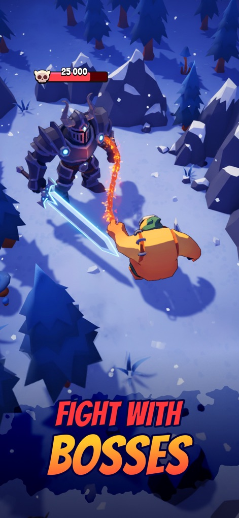 Butcher hero: hook'n'chew RPG - Users can prepare for thrilling boss battles against formidable foes, exemplified by the imposing armored enemy and the dynamic snowy combat environment.