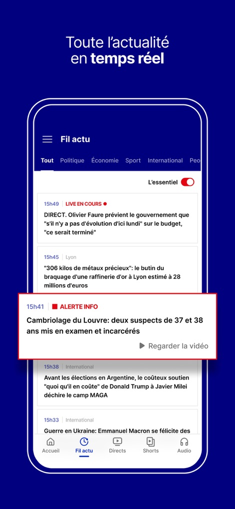 BFM : news, TV, radio en live - Observe the app's dynamic news feed, featuring prominent 'ALERTE INFO' banners and the 'L'essentiel' toggle for curated content.