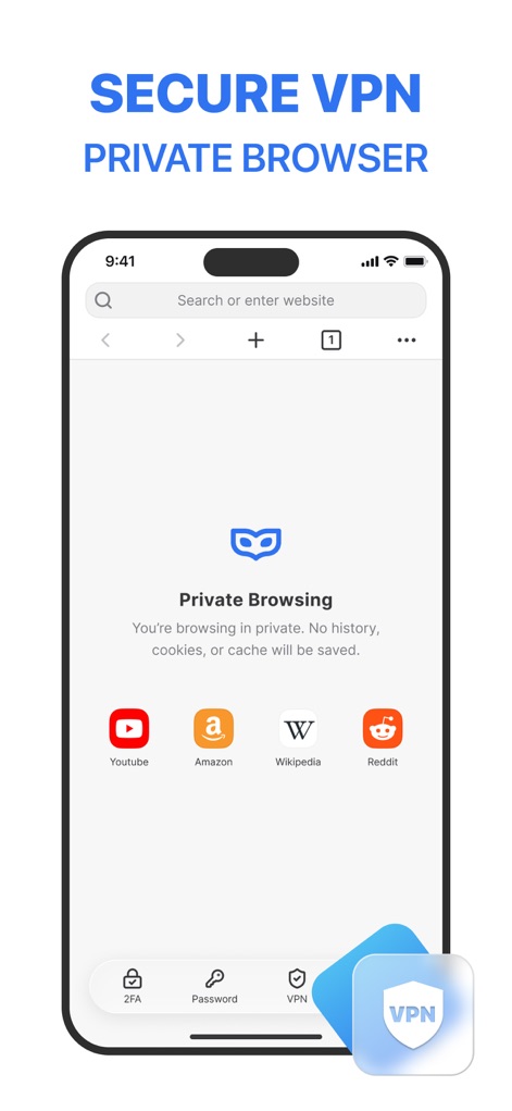 Authenticator ® App - Se observa la funcionalidad de navegador privado, mostrando el mensaje 'Private Browsing' para garantizar la confidencialidad y un conjunto de iconos de sitios populares para un acceso rápido y seguro.