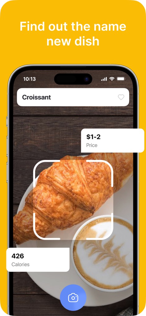 Lens Photo Scan・Identifier All - L'app permette agli utenti di scoprire dettagli sul cibo, come il nome di un croissant e il suo contenuto calorico di 426 calorie, con un semplice tocco.