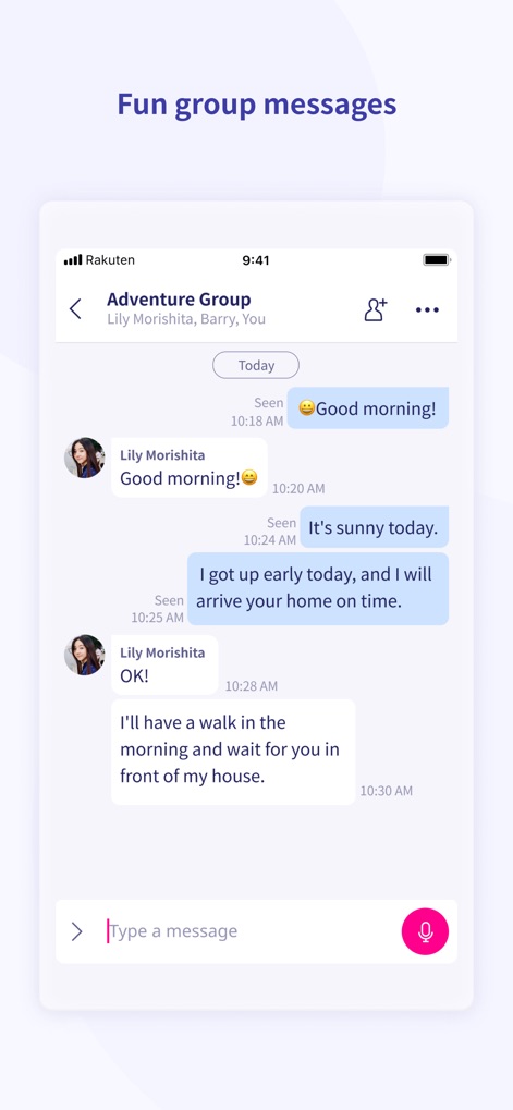 Rakuten Link - ユーザーはグループチャット機能を通じて、友人と「テキストメッセージの送受信」が可能です。画面には「メッセージの送信者とタイムスタンプ」が表示され、円滑なコミュニケーションをサポートします。