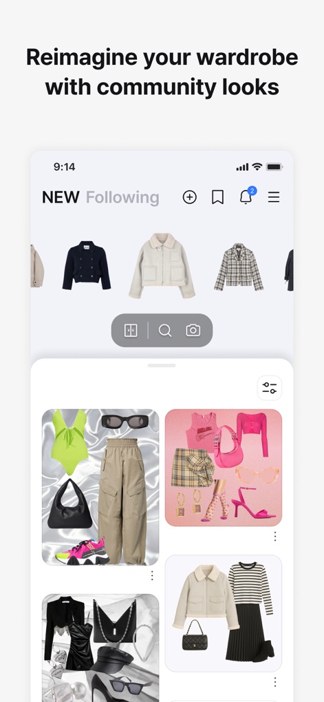 Acloset - AI Fashion Assistant - Immerse yourself in the app's vibrant community feed, showcasing "NEW" fashion looks and allowing users to explore curated "Following" trends from others.
