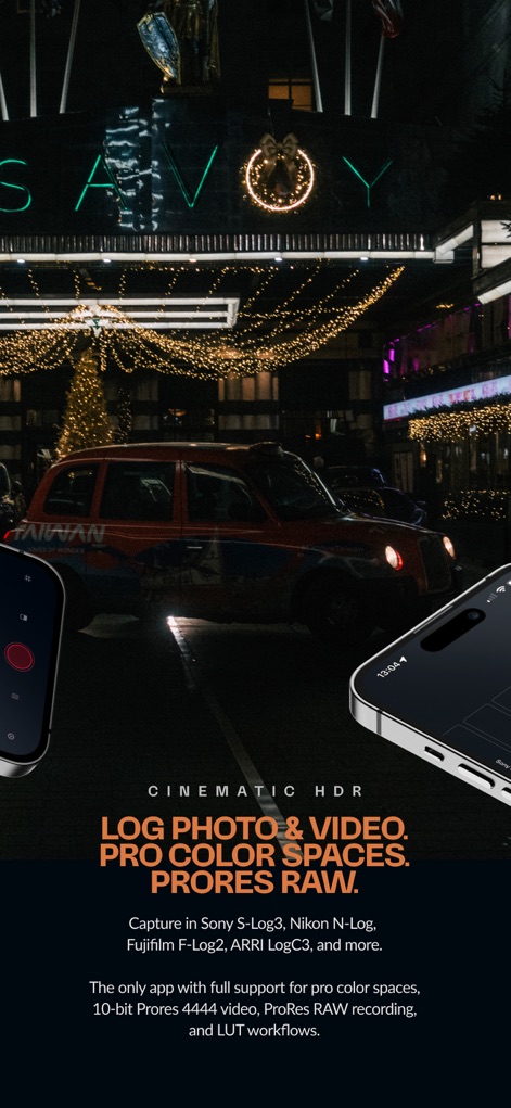 Pearla - Pro Filmic Camera - Esta captura subraya la capacidad de la aplicación para trabajar con "Log Photo & Video" y "ProRes RAW", lo que permite a los usuarios grabar en formatos avanzados con espacios de color profesionales.