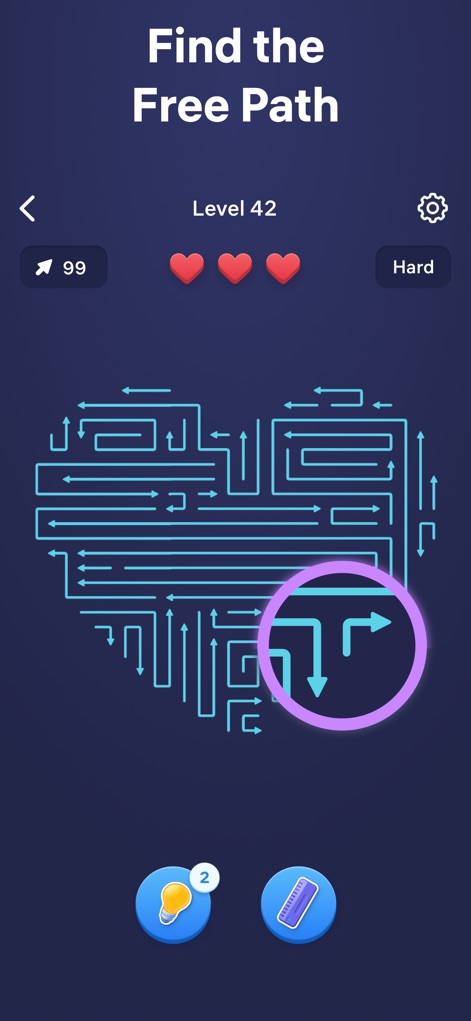 Arrow Puzzle - Tap Away Game - Explore the app's diverse level designs, featuring intricate arrow grids like the heart shape, and discover how the highlighted section draws attention to crucial puzzle elements.