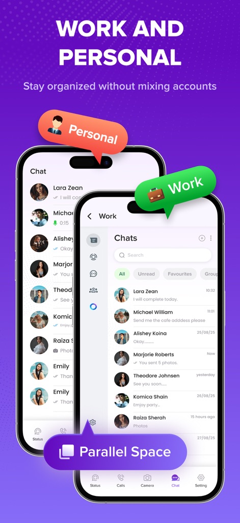 Parallel Space Dual Account - Cet outil présente la séparation élégante des conversations, permettant de basculer entre les onglets "Personal" et "Work" pour maintenir une organisation impeccable.