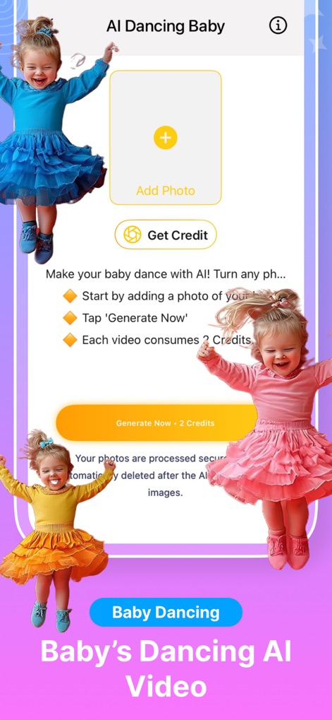 AI Baby Generator Baby Blend - The app offers an "AI Dancing Baby" feature, allowing users to "Add Photo" and generate a playful animated video of their imagined child.