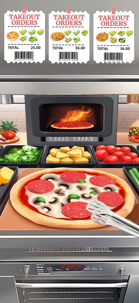 Cooking Fun®: Food Games - The pizzeria environment features a glowing pizza oven and an array of fresh ingredients, allowing users to craft custom pizzas from base to toppings.
