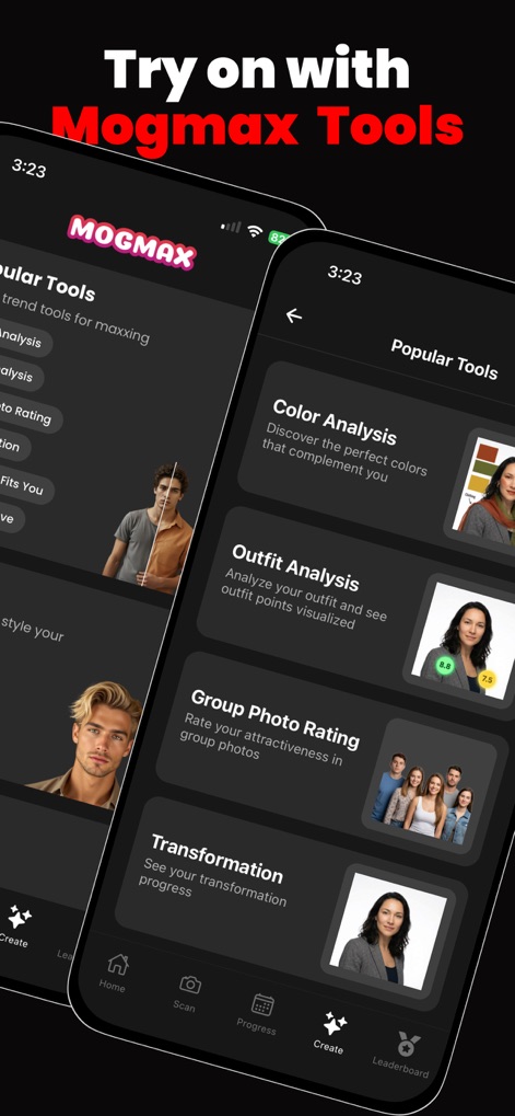 MogMax AI - LooksMax AI Rating - Cet outil offre une gamme d'options telles que l'"Analyse des Couleurs" et l'"Analyse des Tenues", permettant aux utilisateurs d'explorer différents aspects de leur style personnel et d'obtenir des évaluations visuelles.