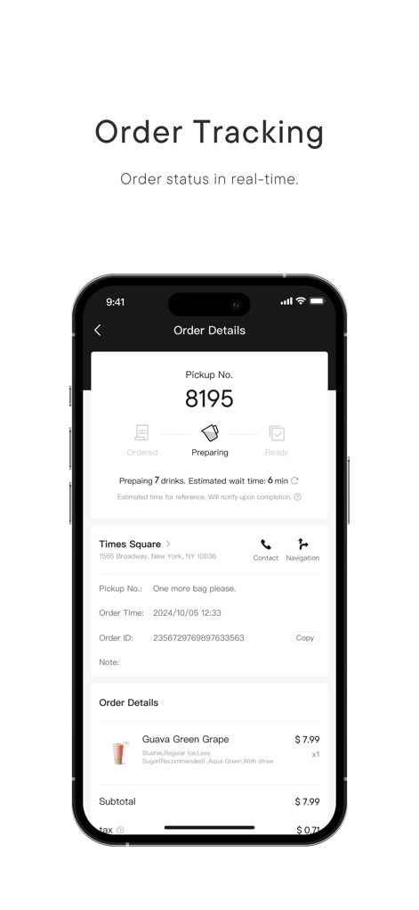 heytea - Die App ermöglicht eine transparente Nachverfolgung des Bestellstatus in Echtzeit, von der Aufgabe bis zur Abholung, und bietet eine Navigationsoption zur Filiale.