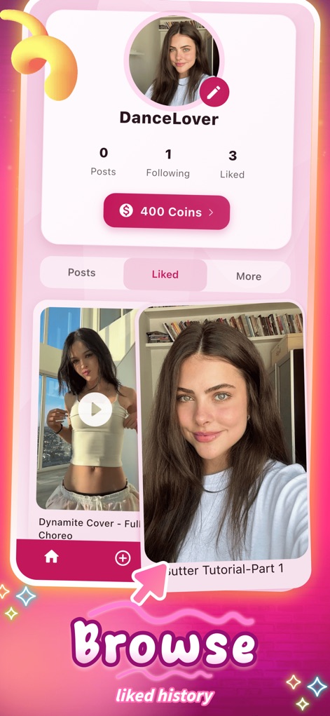 Popor - Beam & Video - The app features a comprehensive personal profile page, showcasing user statistics like 'Posts' and 'Liked' content history, providing a personalized overview of their dance journey.