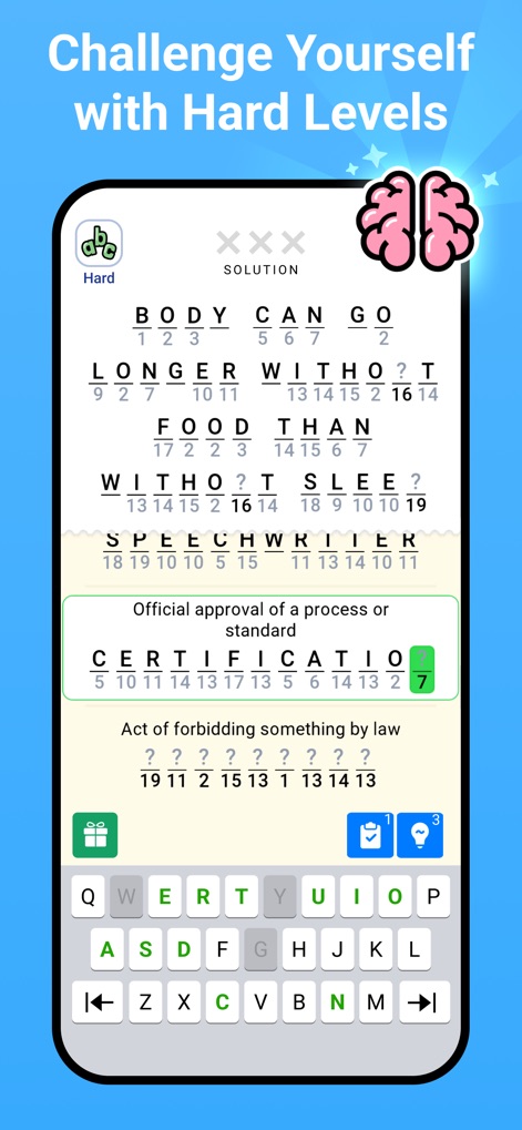 Figgerits - Word Puzzle Games - The app provides advanced challenges, clearly marking `hard` difficulty levels and presenting more `complex letter-number mappings` for experienced players.
