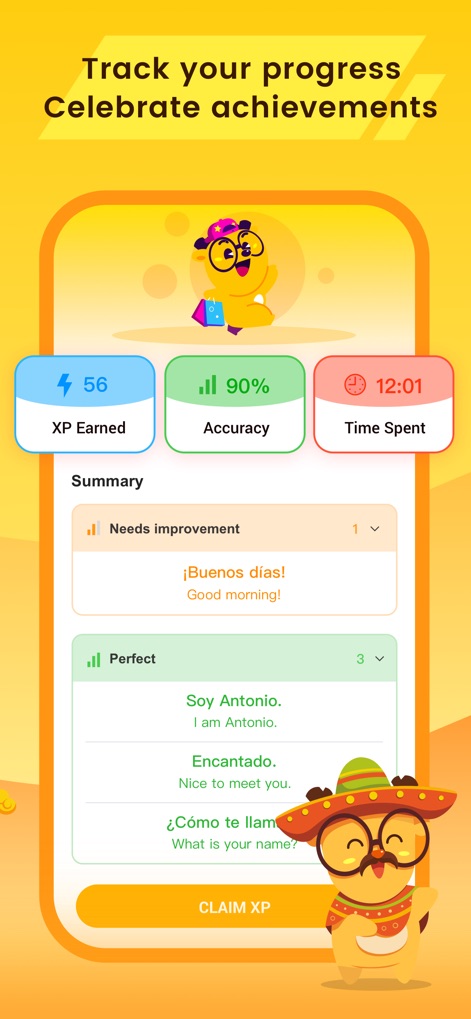 LingoDeer - Learn Languages - Nutzer können ihren Lernfortschritt detailliert verfolgen, mit Metriken wie „XP Earned“ und „Accuracy“, und ihre Erfolge wie das Lernen von „Buenos días!“ feiern.
