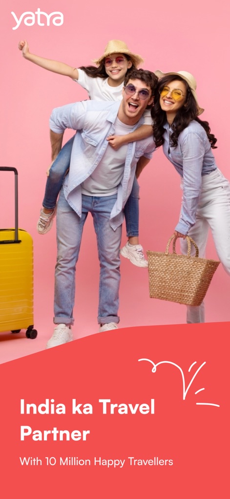 Yatra - Flights, Hotels & Cabs - This introductory screen highlights the app's strong brand identity as 'India ka Travel Partner' and its significant market presence with '10 Million Happy Travellers'.