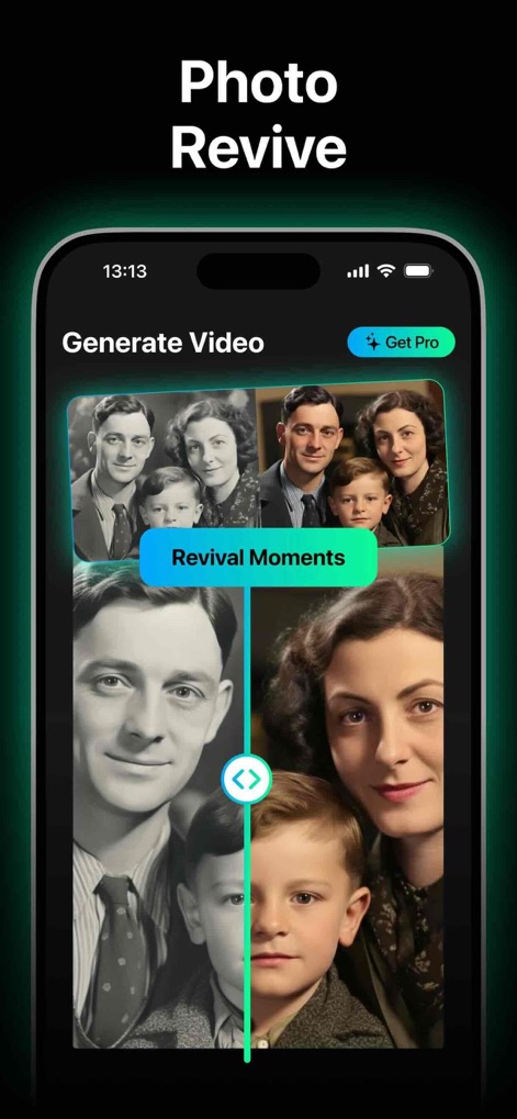 AI Video Generator: Video AI - La captura muestra la función de 'Revive' con una foto antigua de familia dividida, revelando el original en blanco y negro y una sección restaurada con mayor nitidez, lo que subraya la preservación del pasado y la mejora de los detalles visuales.