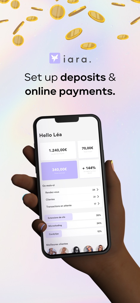 iara. - O aplicativo permite configurar depósitos e gerenciar pagamentos online, exibindo um painel financeiro com o faturamento mensal e o número de transações pendentes.