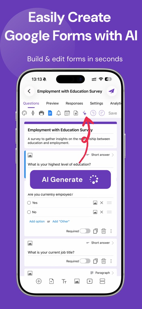 Forms for Google Drive - Esta captura destaca la función de "AI Generate" y el intuitivo icono de varita mágica que simplifica la creación de formularios.