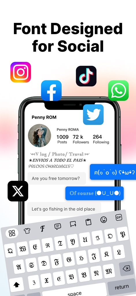 Keyboard Fonts - Font Art - Discover how the app enhances online presence with unique font styles for social media posts and direct integration across platforms like Instagram and WhatsApp.
