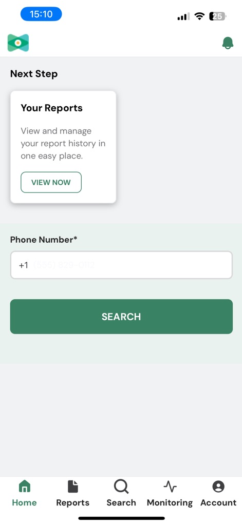 TruthFinder Search - Los usuarios pueden iniciar una búsqueda ingresando un 'número de teléfono' en el campo dedicado, o acceder a sus informes recientes desde la sección 'Your Reports'.
