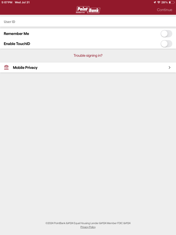 PointBank Mobile Banking iPad screenshot 1 - Finance app