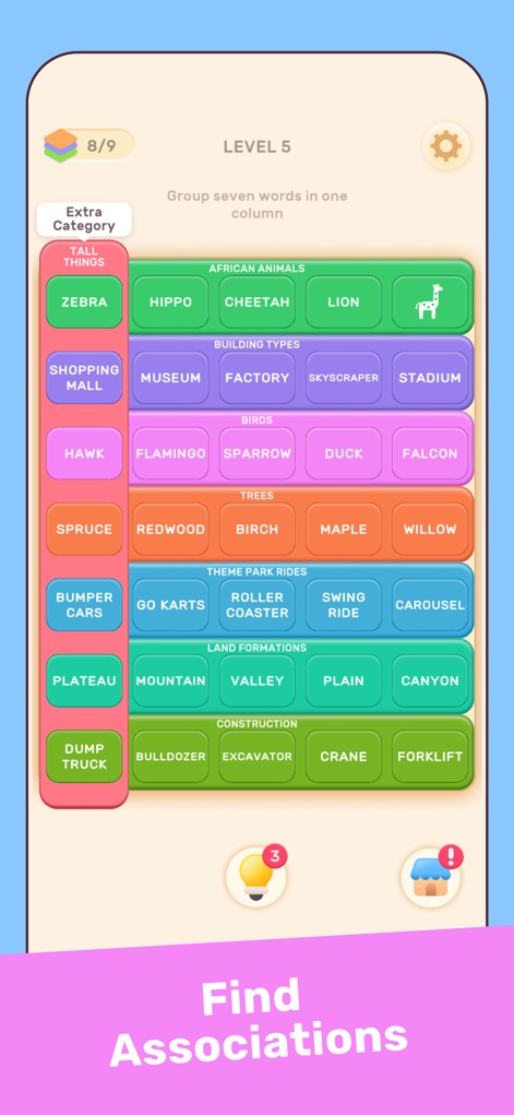 Connect Word Association Game - La aplicación fomenta el pensamiento asociativo con una amplia gama de categorías, desde "Animales Africanos" hasta "Formaciones Terrestres", y presenta bloques de palabras detallados junto con instrucciones para agrupar palabras en una columna.