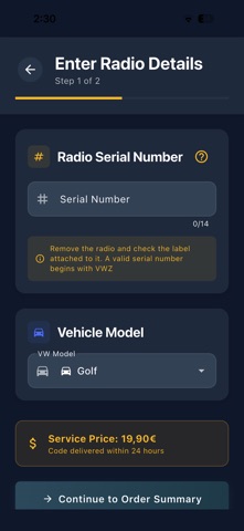 Auto Radio Code Generator - VW iPhone screenshot
