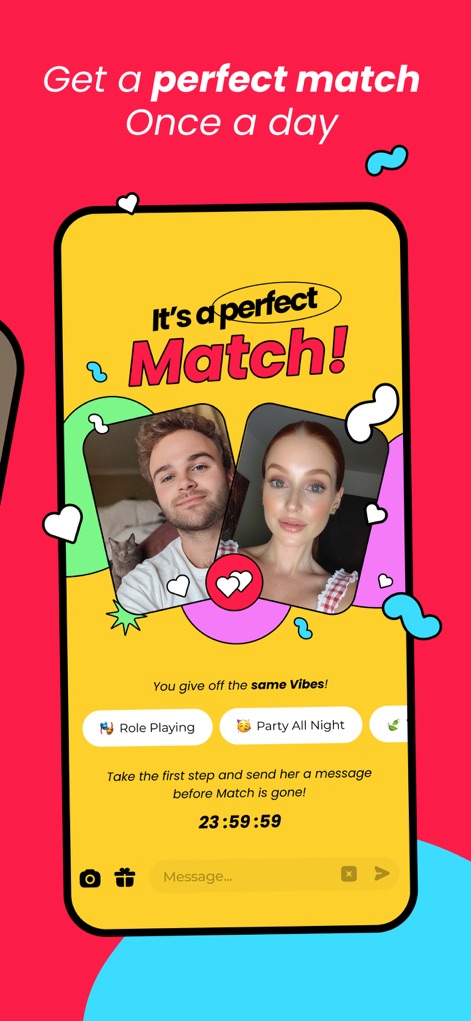 Once: Perfect Match Dating App - The app highlights a daily "perfect Match!" by presenting two profile photos side-by-side, along with a prominent countdown timer indicating the match's availability.