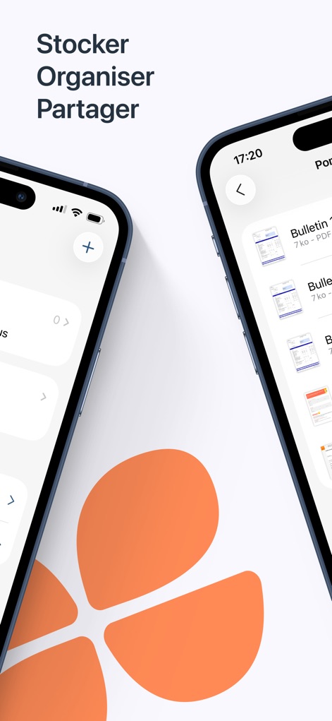 eDocPerso - 사용자는 상단의 '+' 버튼을 통해 새로운 문서를 추가하고, 목록에서 'Bulletin 11/2025.pdf'와 같은 디지털 문서들을 손쉽게 확인할 수 있습니다.