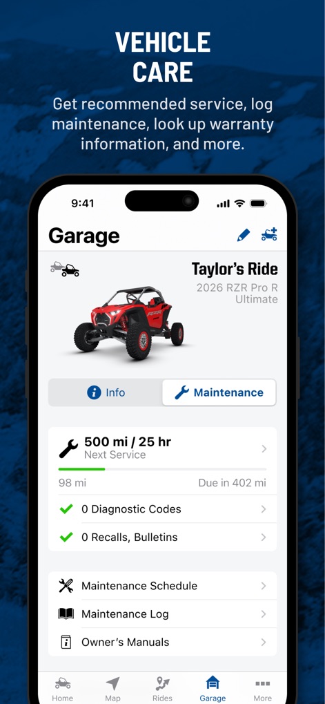 Polaris® - 이 도구의 '차고' 섹션에서는 사용자가 다음 서비스까지 남은 거리 및 시간을 확인하고, 진단 코드 및 리콜 정보를 포함한 차량 상태를 손쉽게 모니터링할 수 있습니다.