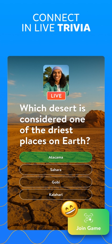 Trivia Crack: Brain Quiz Games - The app showcases live, interactive trivia questions with multiple-choice options and a 'LIVE' indicator for real-time participation.